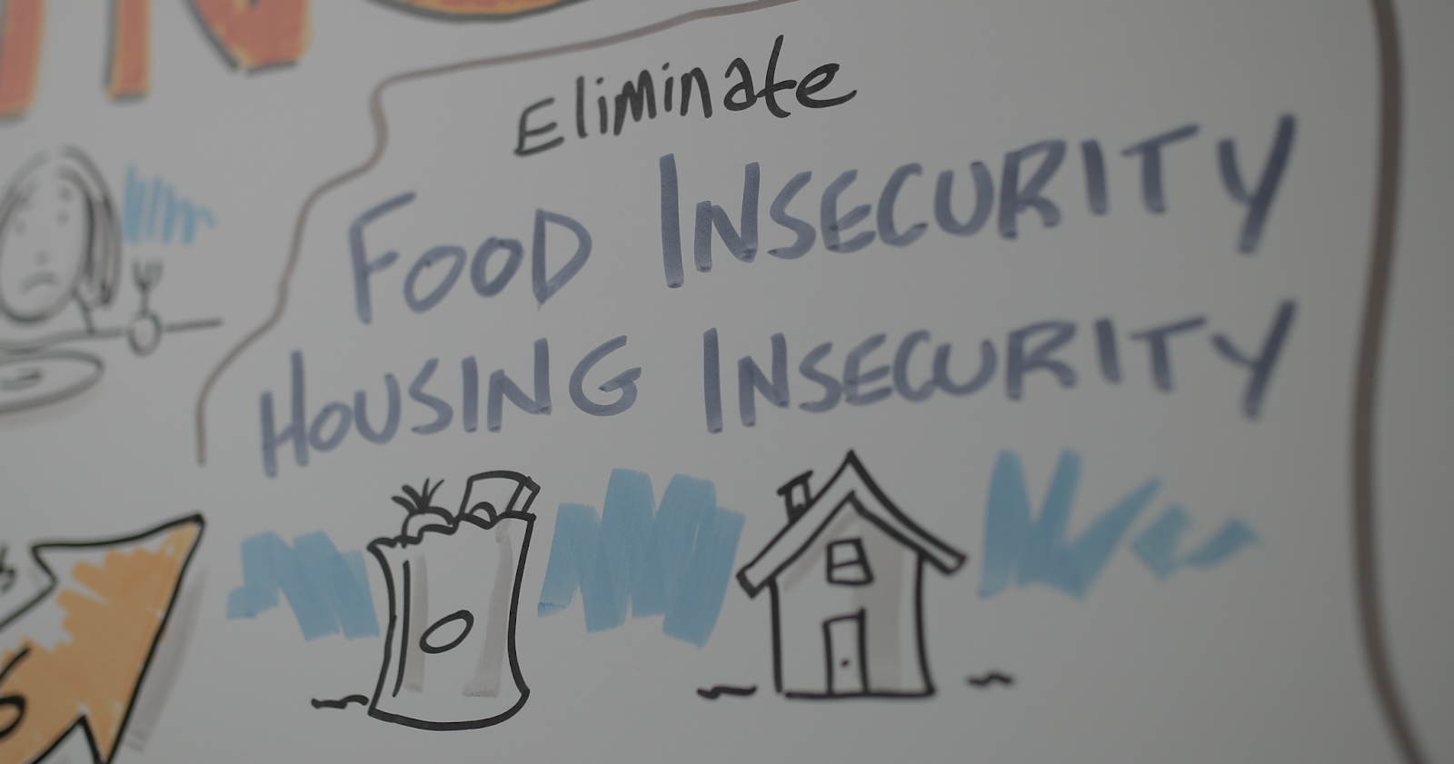 detail from a graphic note about students and basic needs. The text reads"Eliminate Food Insecurity [and] Housing Insecurity"